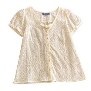 ModCloth Button-Down Floral Pattern Eyelet Ivory/Pale Light Yellow Medium NEW